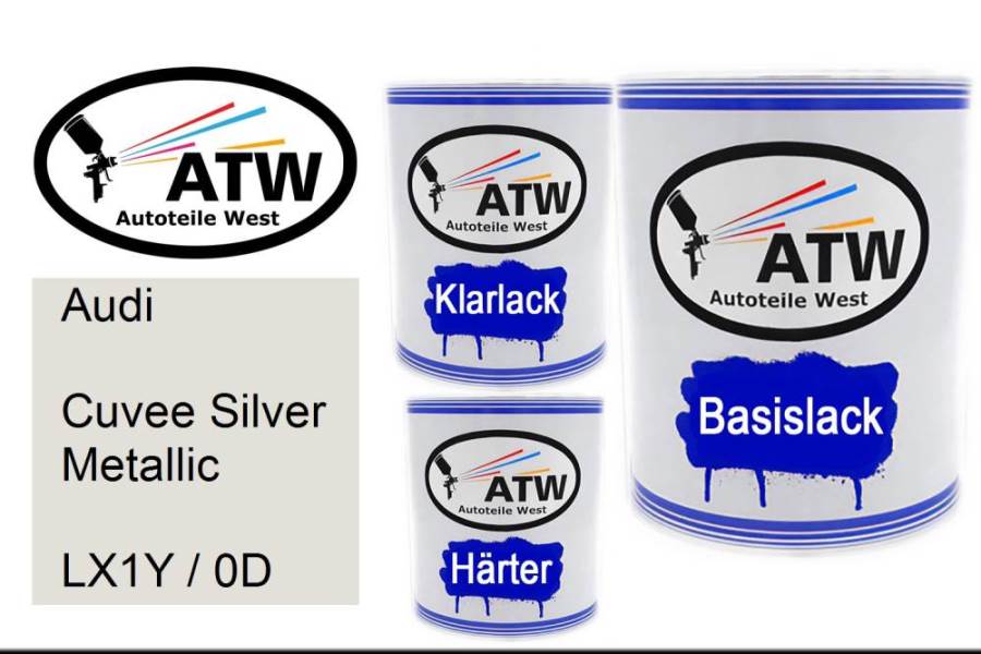 Audi, Cuvee Silver Metallic, LX1Y / 0D: 1L Lackdose + 1L Klarlack + 500ml Härter - Set, von ATW Autoteile West.